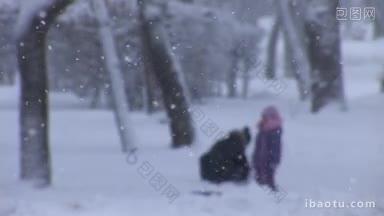 人们在雪地公园里玩耍